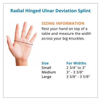 Sizing chart for a radial hinged ulnar deviation splint with hand measurement illustration.