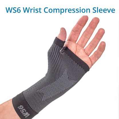 WS6 Wrist Compression Sleeve shown on a hand and wrist, featuring graduated compression zones for ergonomic fit, pain relief from carpal tunnel, tendonitis, and arthritis, and improved blood flow