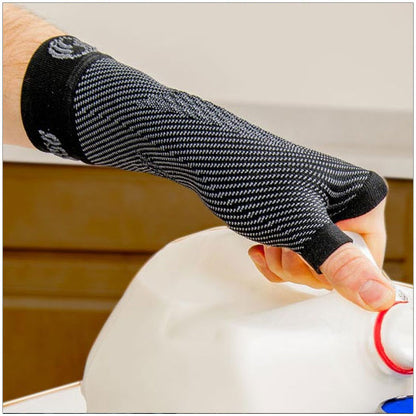 A WS6 wrist compression sleeve worn on a person’s wrist while pouring milk from a jug, showing its flexible design and medical-grade compression that promotes blood flow, reduces swelling, and relieves pain from carpal tunnel, tendonitis, and arthritis