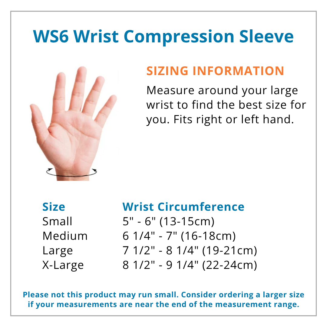 WS6 Wrist Compression Sleeve sizing chart with hand measurement guide
