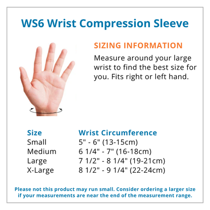 WS6 Wrist Compression Sleeve sizing chart with hand measurement guide