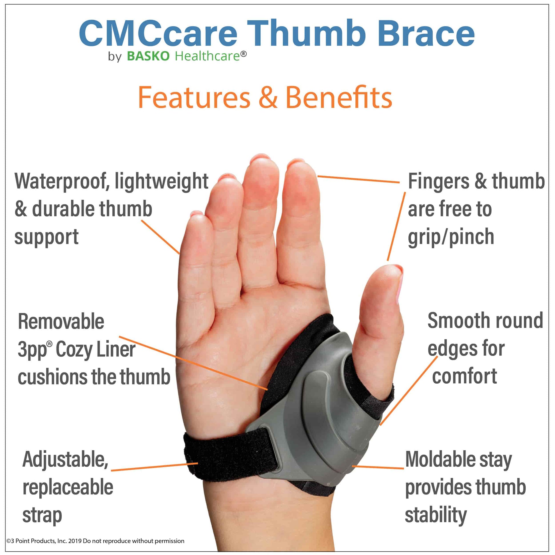 The cmccare thumb brace features and benefits include wterproof, lightweight, fingers and thumb are free to grip and pinch. 