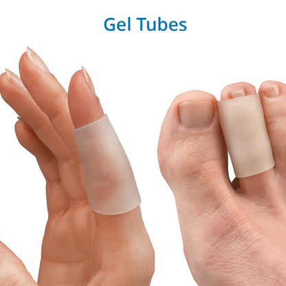 An image showing Gel Tubes being worn on fingers and toes, illustrating their use in protecting and cushioning the skin.