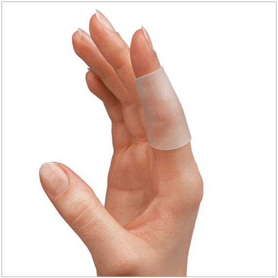 Gel Tubes  shown on finger. Gel Tubes help cushion and protect your fingers from skin abrasions, blisters,  swelling, and more