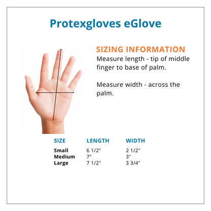Protexgloves eGlove sizing chart with hand measurement guide and size dimensions.