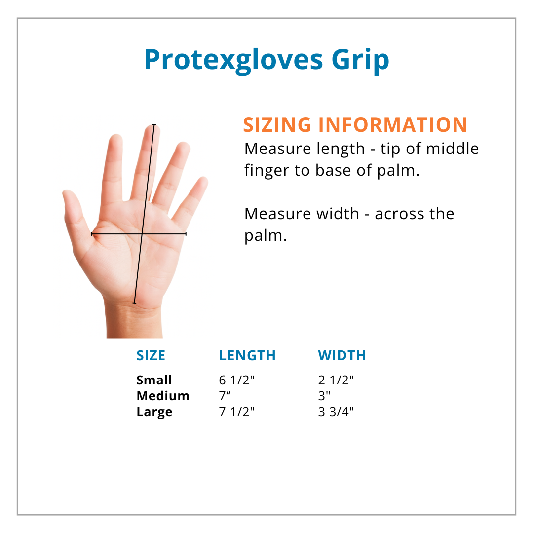 Protexgloves Grip sizing chart with hand measurement guide and size dimensions.