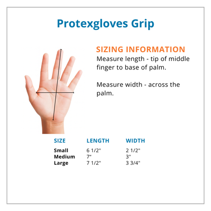 Protexgloves Grip sizing chart with hand measurement guide and size dimensions.